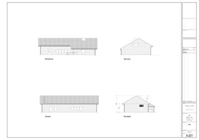 Fasadetegning som viser bygningens utseende fra fire ulike retninger: Nordvest, Sørvest, Sørøst og Nordøst.