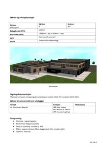 3D-visualisering (rendering) av et planlagt bygg med omgivelsene.