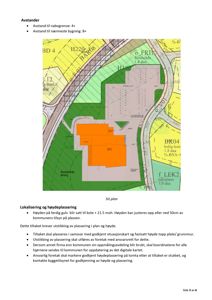 Situasjonsplan som viser bygningens plassering på tomten i forhold til nabogrønt, veier og andre arealer. Planen inneholder også informasjon om avstandskrav og høydebestemmelser.