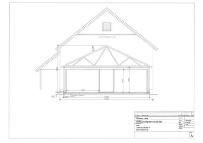 Fasadetegning som viser oppriss av en bygning med mål og en eksisterende låve.