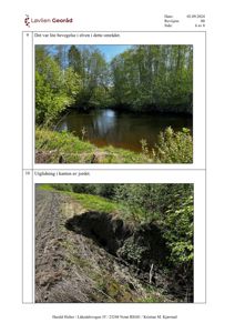 Fotografier av et elveløp og en utglidning i jordkanten, inkludert tekstdokumentasjon.