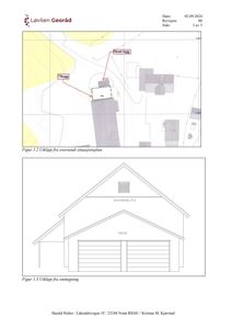 Bildet viser en tegning med to utsnitt: øverst et situasjonsutsnitt (site_plan) og nederst et fasadeutsnitt (facade) av en bygning med garasjeporter.