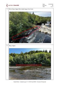 Fotografier av et område langs elva Leira med merking av berg i dagen (røde linjer).