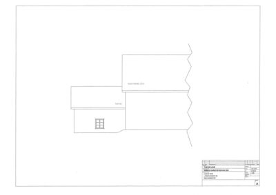 Fasadetegning som viser en eksisterende lavere del av en bygning og en planlagt tilbygg.