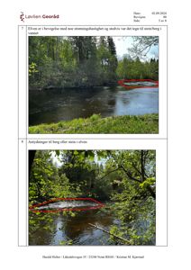 Fotografier av en elv med tilhørende tekstbeskrivelser om geologiske forhold (stein/berg).