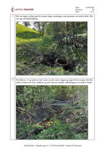 Fotografier av et bekkeløp og omgivelsene, inkludert tekstbeskrivelser av erosjon og bekkelukking.