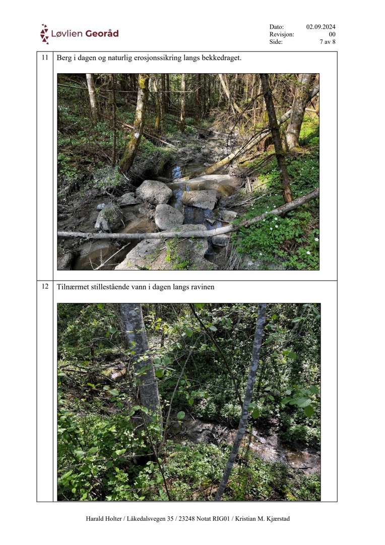 Fotografier av et naturområde med bekker og berg i dagens terreng, inkludert en ravine med stillestående vann.