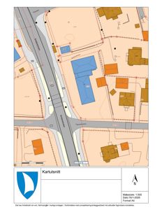 Kartutsnitt som viser bygningers plassering i forhold til veier og tomme, med målestokk 1:500.