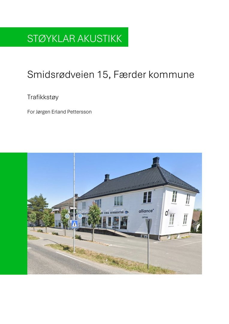 Fotografi av en hvit bygning med svart tak ved Smidsrødveien 15 i Færder kommune.