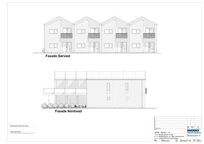 Fasadetegning som viser oppriss av bygningen sett fra sørvest og nordvest.