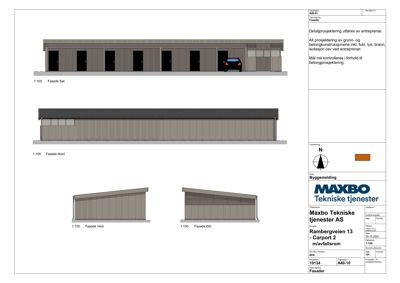 Fasadetegning som viser oppriss av bygningens sider (Sør, Nord, Vest, Øst) med skilte og dører.