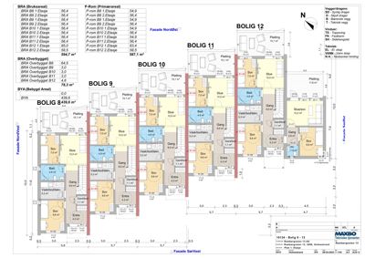 Etasjeplan for Bolig 8-12 som viser romfordeling, mål og tekniske opplysninger.