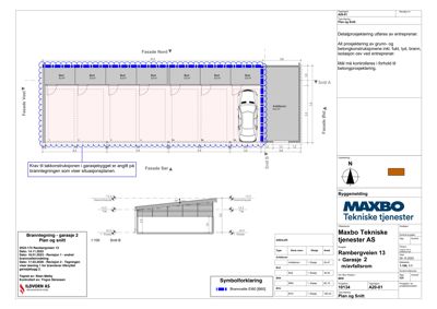 Etasjeplan (plan og snitt) som viser romfordeling, mål og konstruksjon for garasje 2.
