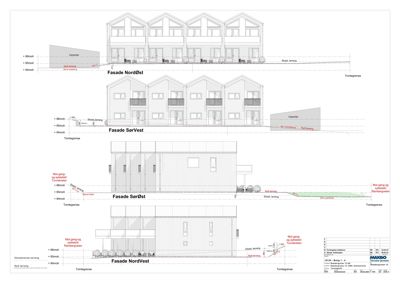 Fasadetegning som viser bygningens utseende fra fire ulike sider (NordØst, SørVest, SørØst, NordVest) med detaljer om terrassering og høyder.
