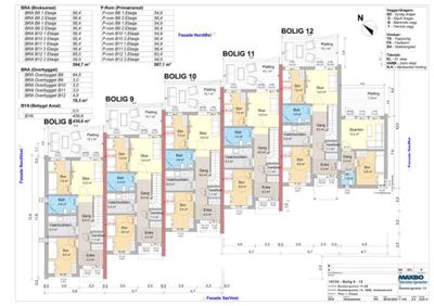 Etasjeplan for Bolig 8-12 som viser romfordeling, mål og tekniske opplysninger.