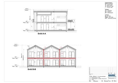 Bildet viser to snittegninger (Snitt A-A og Snitt B-B) av en bygning, som viser høyder, etasjer og konstruksjon.