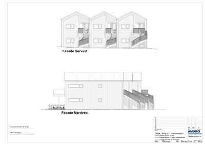 Fasadetegning som viser oppriss av bygningen sett fra sørvest og nordvest.