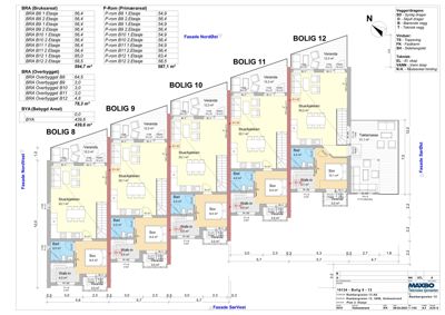 Etasjeplan for et boligprosjekt som viser romfordeling, arealer og fasader.