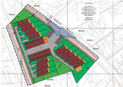 Situasjonsplan som viser tomtens form, bygningers plassering, parkeringsplasser, arealoppdelinger (grønt, asfalt, bygninger) og høydekurver.