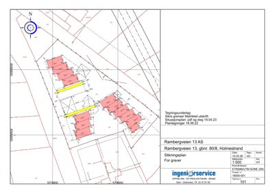 Situasjonsplan som viser tomtens grenser, naboeiendommer og bygningers plassering med koordinater.