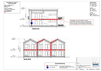 Snittegning (Snitt A-A og B-B) av en boligblokk som viser brannbegrensende konstruksjoner.