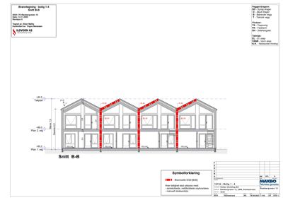Snittegning (Snitt B-B) av en bolig som viser romfordeling, konstruksjon og brannbeskyttelse.