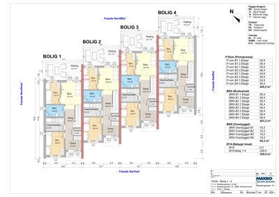 Etasjeplan (1. etasje) for fire boliger (BOLIG 1-4) med romfordeling, mål og arealoppsummering.