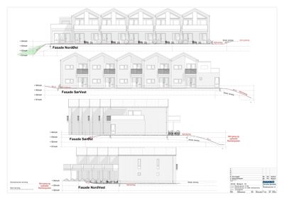 Fasadetegning som viser bygningens utseende fra fire ulike sider (NordØst, SørVest, SørØst, NordVest) med angitte høyder og terrengforhold.