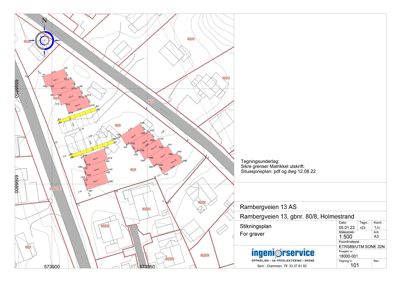 Situasjonsplan som viser eiendomsgrenser, naboeiendommer og stikningslinjer for en graving.