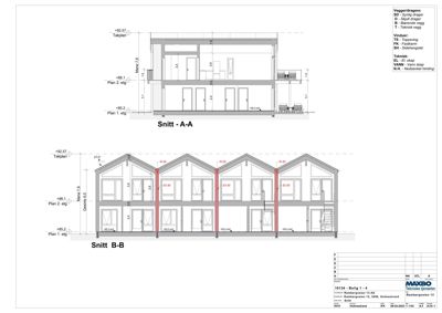 Bildet viser to snittegninger (Snitt A-A og Snitt B-B) av en toetasjes bolig. Det er tegnet oppriss av bygningens indre romfordeling, høyder, vinduer og konstruksjoner.