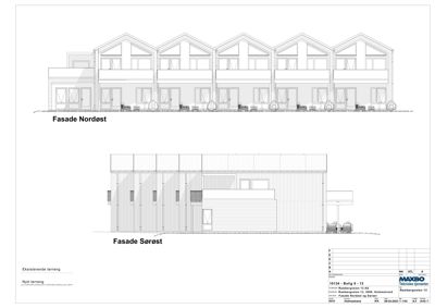 Fasadetegning som viser oppriss av bygningens front sett fra Nordøst og Sørøst.