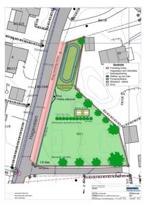 Situasjonsplan som viser tomtens grenser, nabolag, eksisterende og planlagt bebyggelse (idrettshall, baner, parkering), samt vegforhold og symboler for vegetasjon og overflater.
