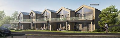 3D-visualisering av en rekkehusbebyggelse med detaljer om fasade, balkonger og omgivelser.