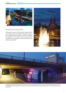 Fotografier av Skien sentrum, inkludert en undergang med lysinstallasjon og en fontene foran en kirke.