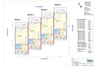 Etasjeplan for fire boliger (BOLIG 1-4) med romfordeling, mål og arealoppsett.