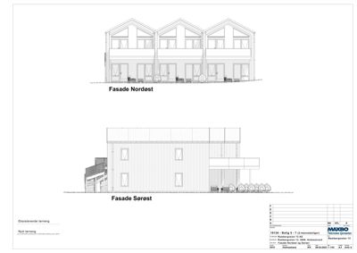 Fasadetegning som viser oppriss av bygningens yttervegger sett fra nordøst og sørøst.