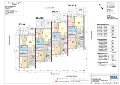 En branntegning (etasjeplan) som viser romfordeling, vegger og utrymningsveier for etasje 1 i en boligbygning.