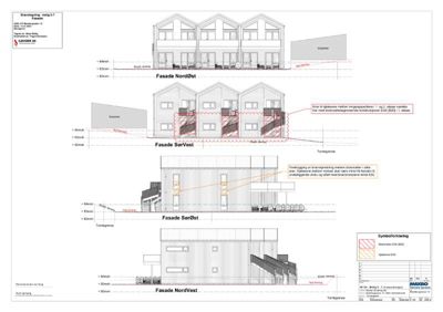 Fasadetegning som viser bygningens utseende fra fire ulike sider (NordØst, SørVest, SørØst, NordVest) med høydemål og notasjoner om brannskilting.