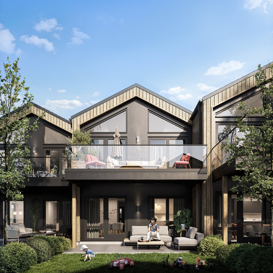 3D-visualisering av en moderne, toetasjes bolig med utvendig terrasse, balkong og hage. Bildet viser fasade, materialvalg og innredning.