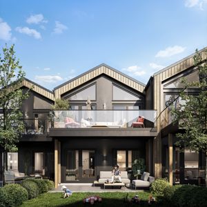 3D-visualisering av en moderne, toetasjes bolig med utvendig terrasse, balkong og hage. Bildet viser fasade, materialvalg og innredning.