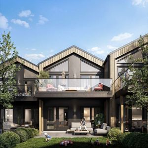 3D-visualisering av en moderne, toetasjes bolig med utvendig terrasse, balkong og hage. Bildet viser fasade, materialvalg og innredning.
