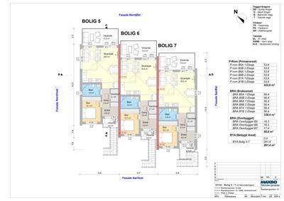 Etasjeplan for Bolig 5-7 som viser romfordeling, arealer og fasader.