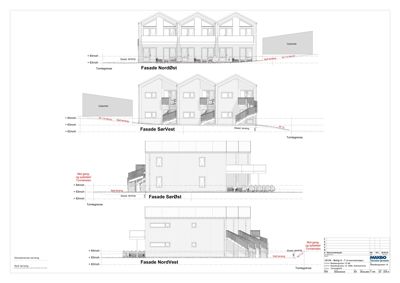 Fasadetegning som viser oppriss av bygningens ytre fasader (NordØst, SørVest, SørØst, NordVest) med høydemål og terrengforhold.