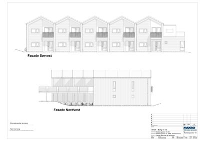 Fasadetegning som viser oppriss av bygningens front mot sørvest og nordvest.