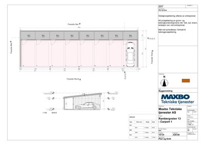 Fasadetegning (opprikk) av en carport sett fra nord, vest og sør, inkludert snitt og mål.
