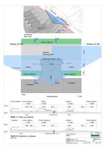 Tegning som viser et tverrsnitt (snitt) gjennom en veiavkjørsel, med mål, høyder og materialer.