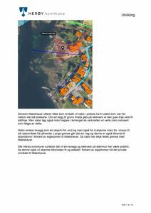 Flyfoto eller kartutsnitt som viser eiendom, naboer og siktelinjer med overlagte tegninger.