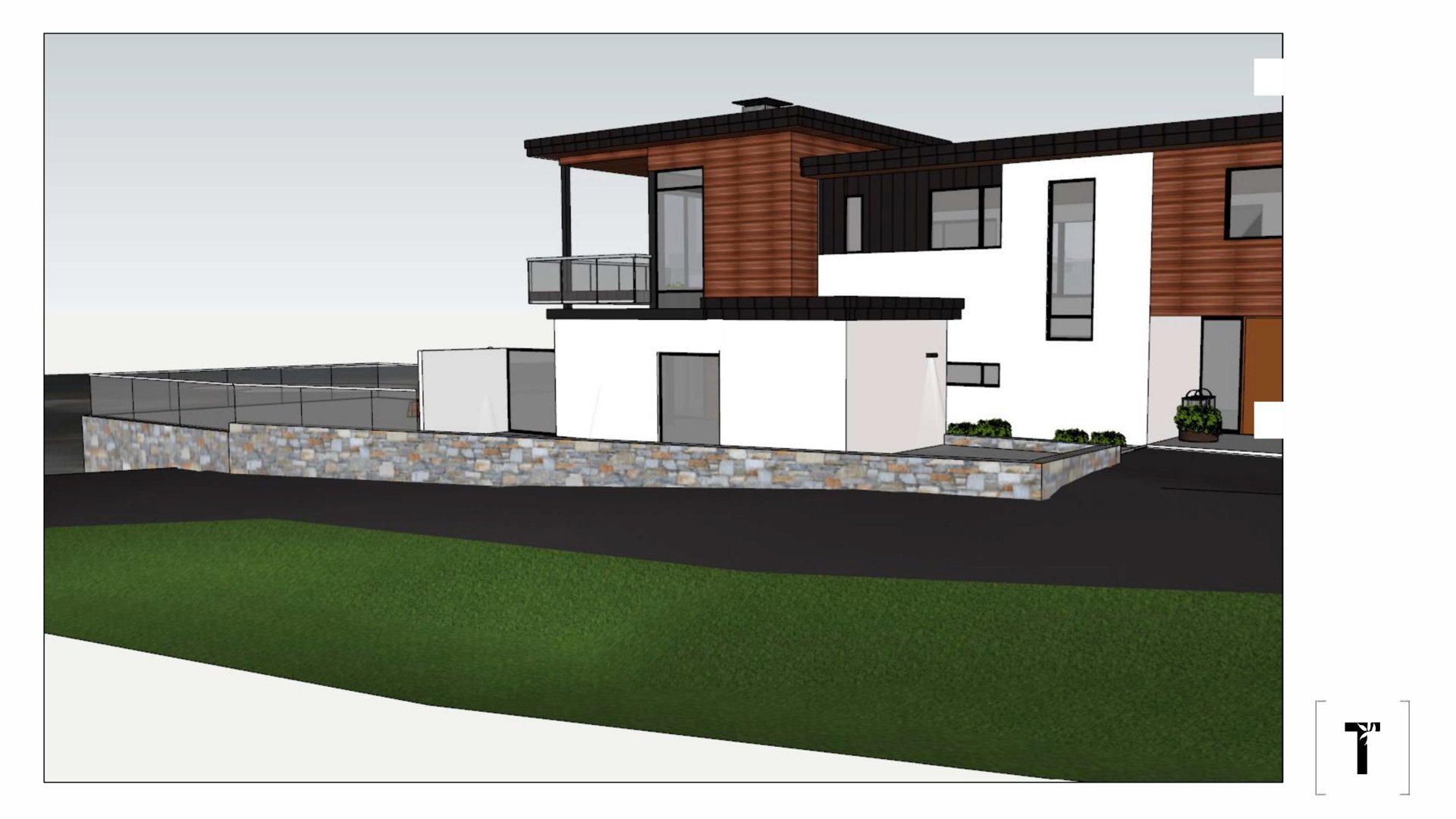 3D-visualisering (rendering) av en moderne villa sett fra siden, som viser fasade, materialvalg og omgivelser.