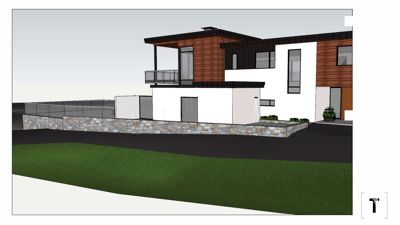 3D-visualisering (rendering) av en moderne villa sett fra siden, som viser fasade, materialvalg og omgivelser.