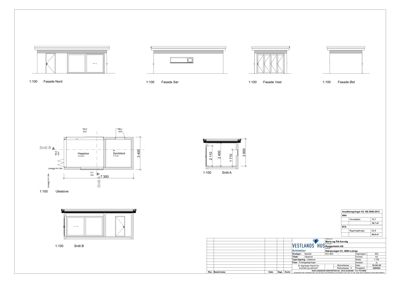 Fasadetegning som viser utsiden av en bygning sett fra fire sider (Nord, Sør, Vest, Øst) samt to snittegninger (A-A og B-B).